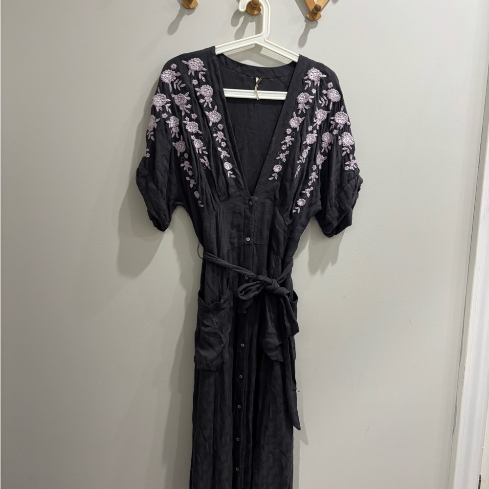 Free People Black and White Wrap Midi Dress with V-Neck